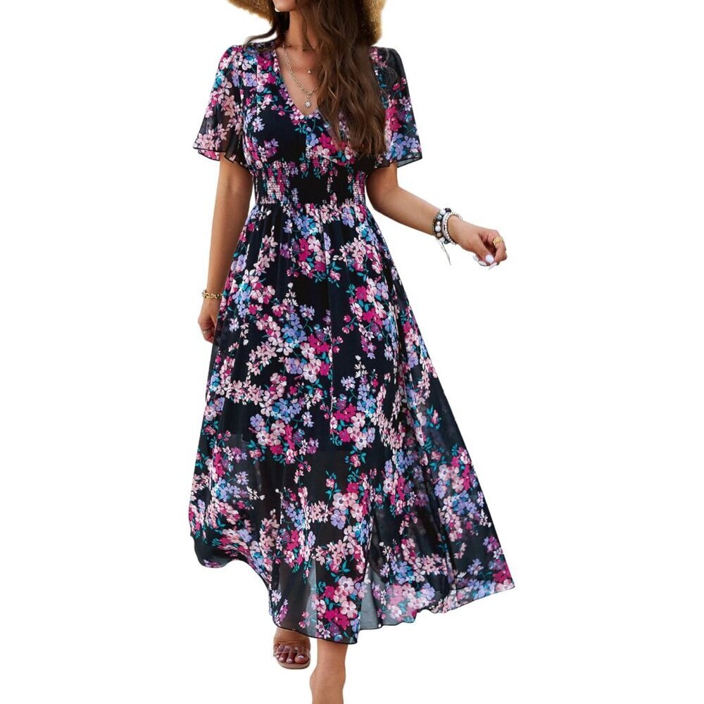 Women's Flowy Floral Maxi Dress V Neck Empire Waist Chiffon Casual Summer